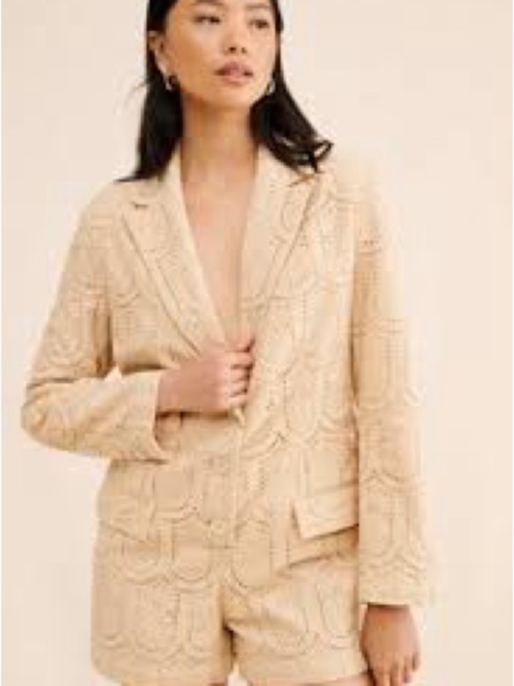 FARM Rio Scallop-Textured Cream Blazer romper.